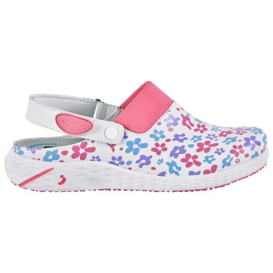 FUCHSIA/FLEURS - Sabot professionnel de travail blanc noir en cuir EN ISO 20347 femme médical auxiliaire de vie infirmier aide a