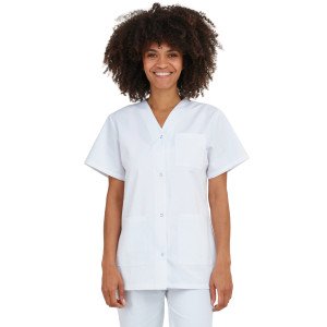 BLANC - Tunique professionnelle de travail blanche à manches courtes mixte auxiliaire de vie infirmier aide a domicile médical