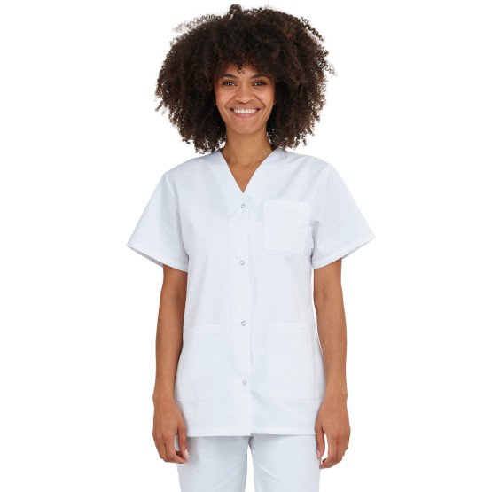 BLANC - Tunique professionnelle de travail blanche à manches courtes mixte auxiliaire de vie infirmier aide a domicile médical
