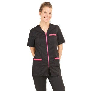 ROSE/NOIR - Tunique professionnelle de travail à manches courtes femme aide a domicile infirmier auxiliaire de vie médical