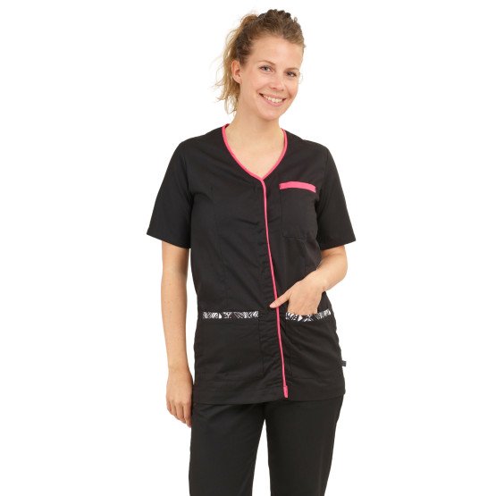 NOIR/WAX - Tunique professionnelle de travail à manches courtes femme aide a domicile médical auxiliaire de vie infirmier