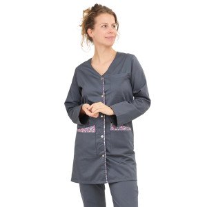 ARDOISE/FLEURS - Blouse professionnelle de travail blanche à manches transformables femme - PROMO aide a domicile infirmier aux