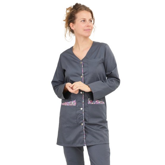ARDOISE/FLEURS - Blouse professionnelle de travail blanche à manches transformables femme - PROMO auxiliaire de vie infirmier a