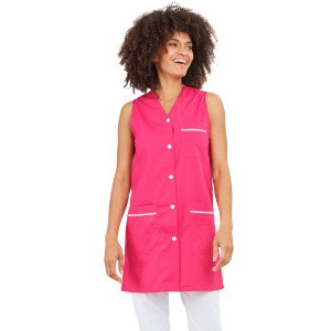 BLANC/MARINE - Blouse professionnelle de travail blanche sans manches femme menage aide a domicile entretien auxiliaire de vie