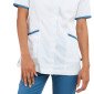 BLANC/BLEU - Tunique professionnelle de travail blanche à manches courtes femme aide a domicile infirmier auxiliaire de vie méd