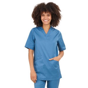 BLEU - Tunique professionnelle de travail blanche à manches courtes mixte aide a domicile infirmier auxiliaire de vie médical