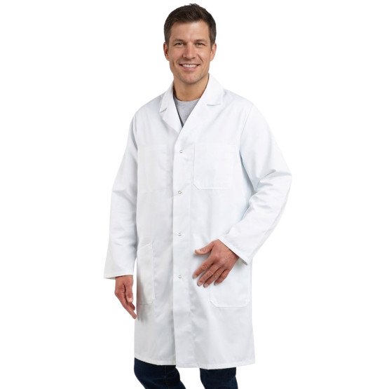 BLANC - Blouse coton à pressions professionnelle de travail blanche à manches longues 100% coton homme menage médical entretien