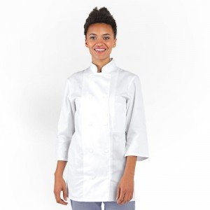 BLANC - Veste de cuisine professionnelle de travail à manches ¾ 100% coton femme - PROMO cuisine hôtel serveur restauration