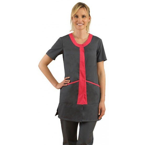 ARDOISE/FUCHSIA - Blouse professionnelle de travail à manches courtes femme - PROMO entretien auxiliaire de vie menage aide a do