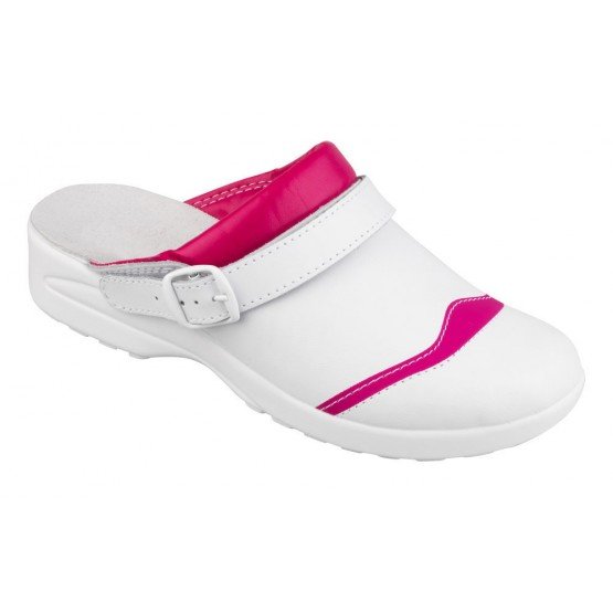 BLANC/FUCHSIA - Sabot professionnel de travail blanc en cuir ISO EN 20347 femme menage infirmier entretien médical