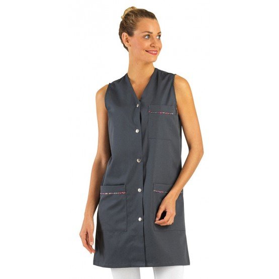 ARDOISE/FLEURS - Blouse professionnelle de travail blanche sans manches femme aide a domicile entretien auxiliaire de vie menage