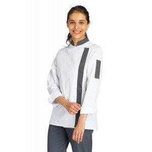 BLANC/ARDOISE - Veste de cuisine manches longues professionnelle de travail femme - PROMO restaurant hôtel cuisine serveur