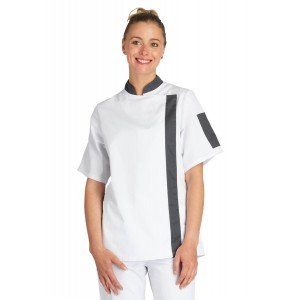 BLANC/ARDOISE - Veste de cuisine manches courtes professionnelle de travail femme restauration hôtel serveur restaurant