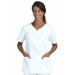FUCHSIA - Tunique professionnelle de travail blanche à manches courtes femme - PROMO foyer médical crèche infirmier