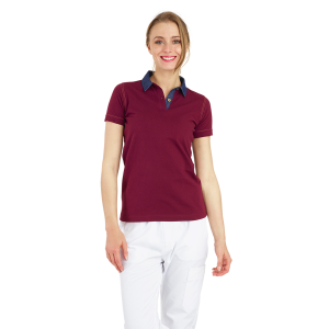 DENIM/BORDEAUX - Polo professionnel de travail 100% coton femme aide a domicile infirmier auxiliaire de vie médical