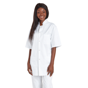 BLANC - Veste professionnelle de travail à manches courtes 100% coton mixte aide a domicile médical auxiliaire de vie infirmier