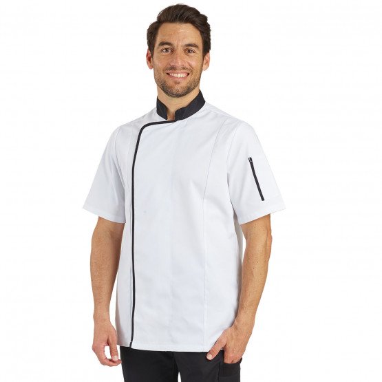 BLANC/NOIR - Veste de cuisine manches courtes professionnelle de travail à manches courtes homme cuisine restauration serveur re