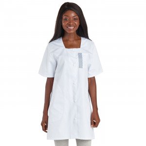 BLANC/MANDALA - Blouse professionnelle de travail blanche à manches courtes femme - PROMO auxiliaire de vie infirmier aide a do