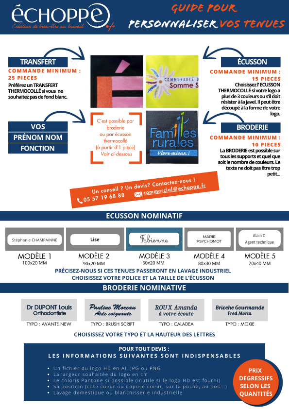 Tout savoir sur les vêtements de travail personnalisés : broderie nominative, broderie de votre logo, transferts, sérigraphie... Notre guide à télécharger pour vous guider.