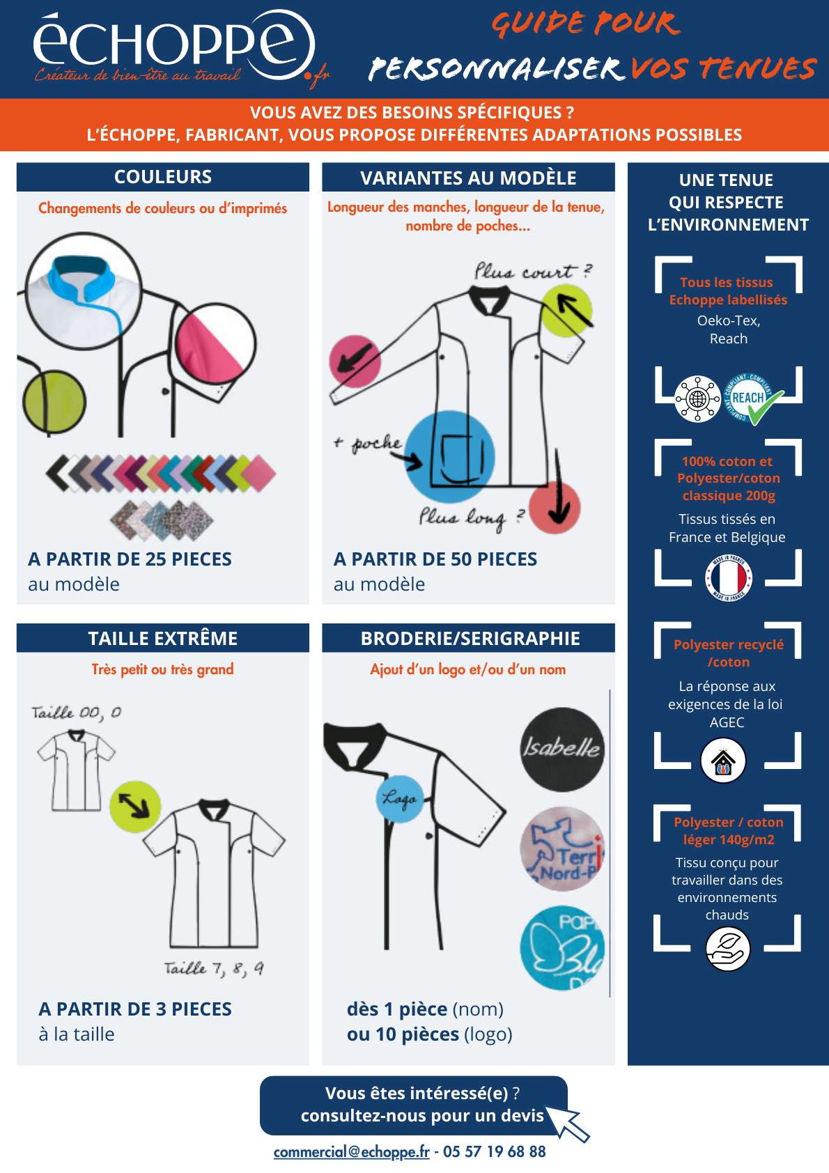 Tout savoir sur les possibilités de fabrication spéciale de vos vêtements de travail : changement de couleur, de coupe, tailles extrêmes, personnalisation à votre logo... Notre guide à télécharger conçu pour vous !