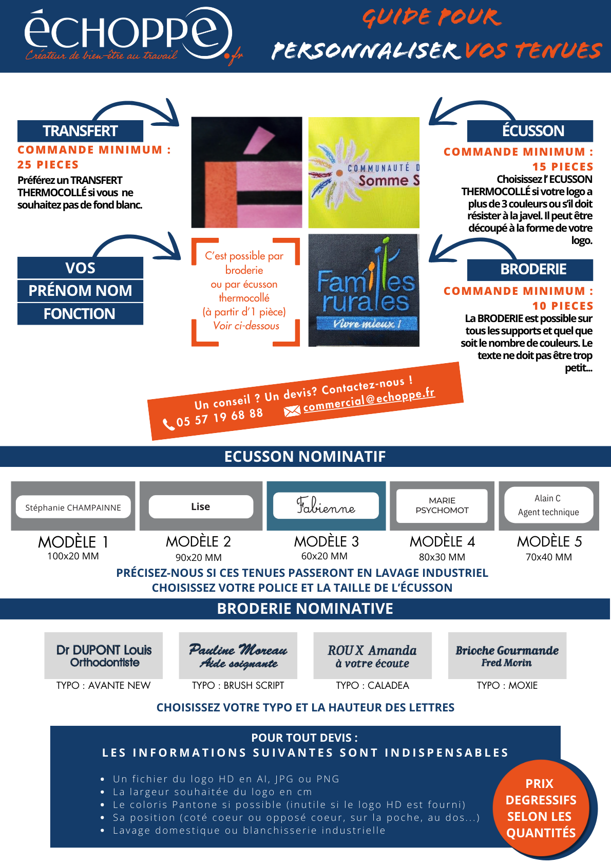 Tout savoir sur les vêtements de travail personnalisés : broderie nominative, broderie de votre logo, transferts, sérigraphie... Notre guide à télécharger pour vous guider.